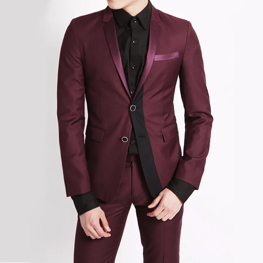

Burgundy Wedding Suits for Men Custome Homme Black Side Custom Made Best Man Blazer Slim Fit Terno Masculino 2Pieces(Coat+Pants)