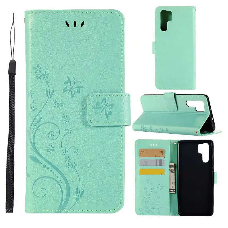 Чехол-книжка из искусственной кожи с тисненым рисунком бабочки для huawei P30 P30 Pro Honor 8X Nova 4 P Smart, кошелек, чехол для телефона s - Цвет: Mint Green