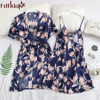 

Women's Night Sets Lingerie Femme Sexy Nightdress And Robe Set Spring Summer Robe Silk 2 Pieces Nightwear Sleepwear Fdfklak