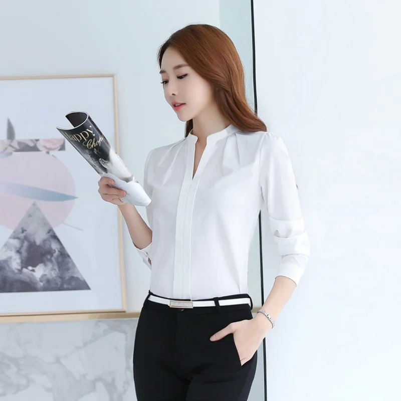 Модная женская Повседневная шифоновая формальная блузка с длинным рукавом, Женские топы со стоячим воротником и v-образным вырезом, одежда для работы, однотонные белые офисные рубашки