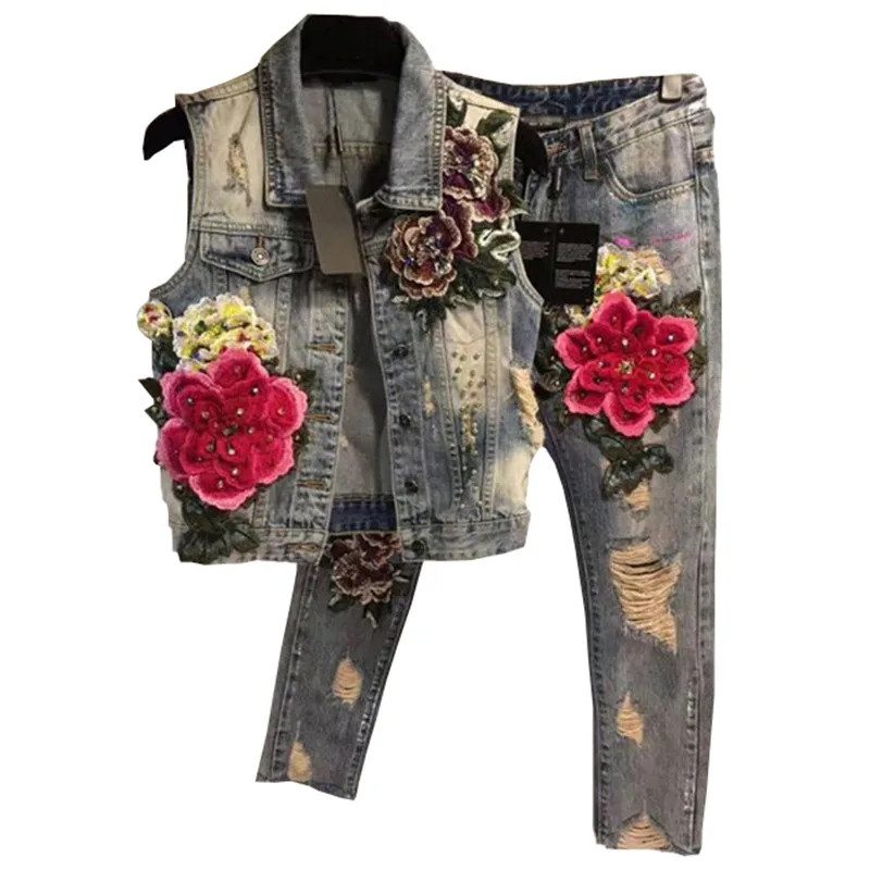

Women Flowers Embroidery Tracksuit 2 Piece Sets Beading Pattern Print Casual Sportswear Jacket Jeans Denim Set