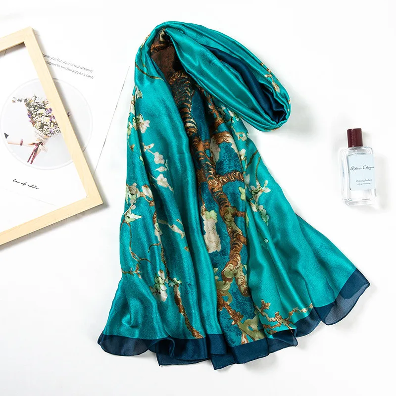 Весна осень женский шарф из натурального шелка абстрактный дерево шелковые шарфы с принтом и шали большой размер Foulard хиджаб 180*90 см