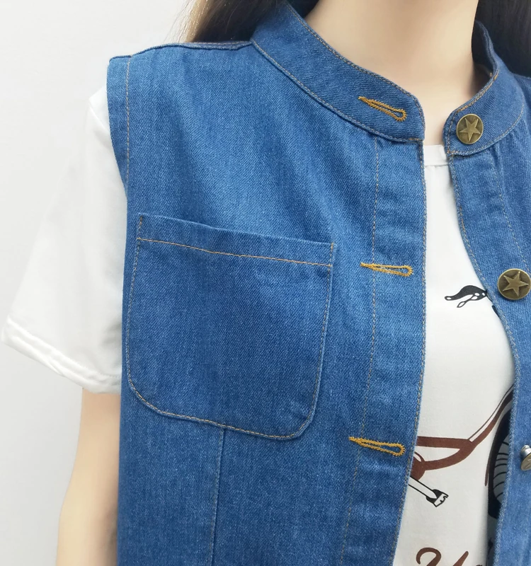 Large Size Bust 5XL Women's Jeans Vest Summer Thin Pure Blue Pocket Jacket Cardigan Sleeveless Female O-Neck Button Waistcoat