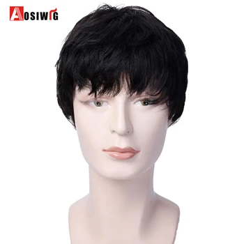 

AOSIWIG Men Short Straight Hair Wigs Synthetic Heat Resistant Fiber Natural Black 3 Colors Cosplay Wigs