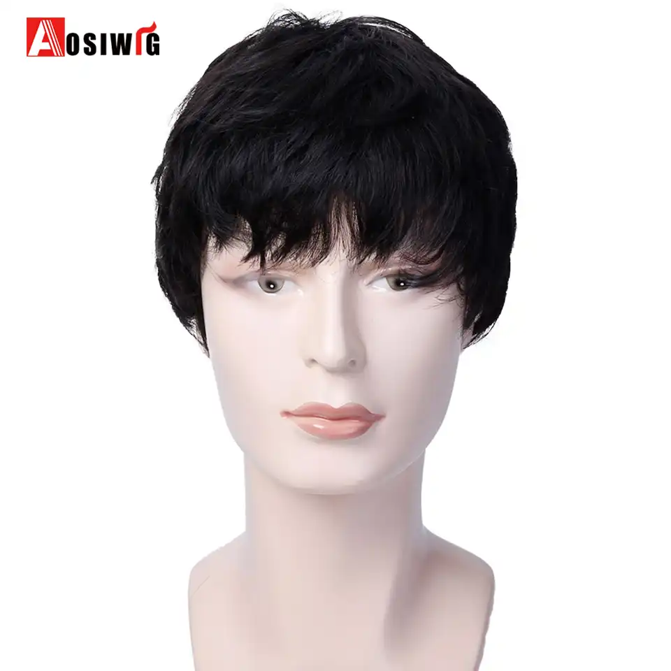 Aosiwig Pelucas De Pelo Corto Liso Para Hombres Fibra Sintetica Resistente Al Calor Negro Natural 3 Colores Pelucas Para Cosplay Aliexpress