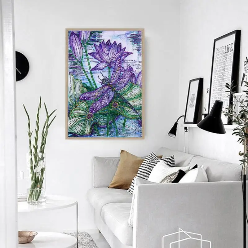 5D DIY полная дрель специальная форма алмазная живопись фиолетовая Стрекоза лотос вышивка крестиком комплект украшение стены