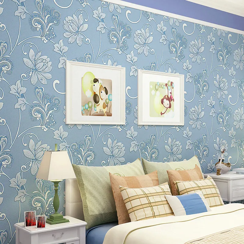 

Non Woven Wallpaper Floral 3D Wall Paper For Walls Embossed Flower Wallpapers Blue for Living Room Bedroom Background Wallpapers