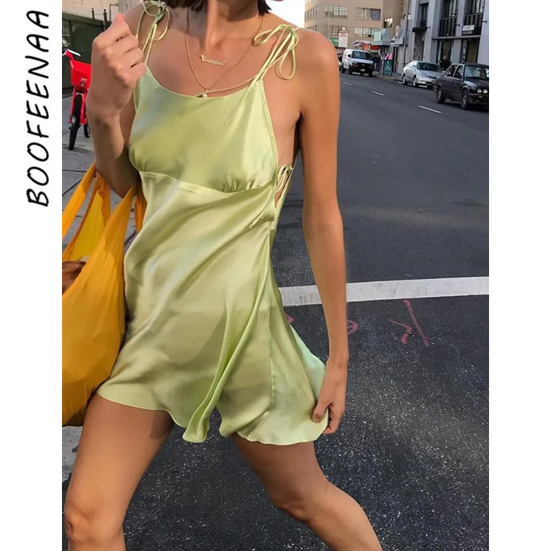 

BOOFEENAA Satin Silk Sexy Slip Dress Women Spaghetti Strap Lace Up Backless Loose Mini Sundresses Vestidos Club Wear C83-H77