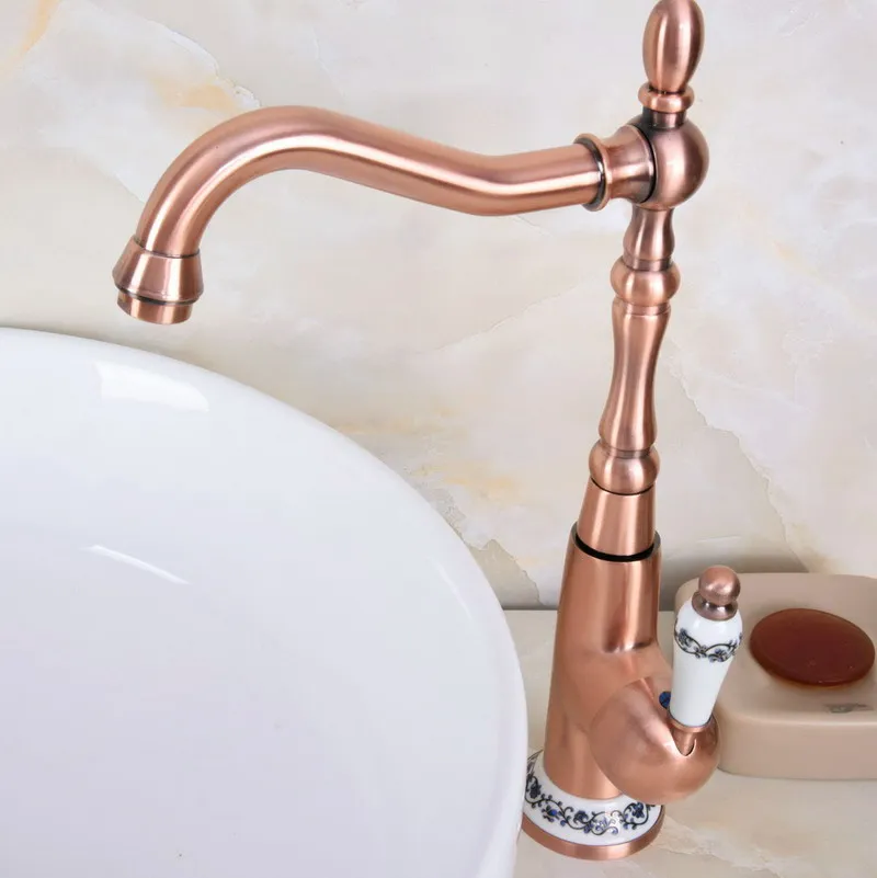 Antique Red Copper Brass Ceramic Base Kitchen Wet Bar Bathroom Vessel Sink Faucet Single Hole Swivel Spout Mixer Tap anf624