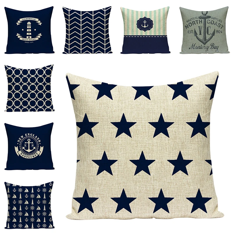 

Customized Pillowcases Blue Sea Nautical Buoy Anchor Cushions Cover Cotton Linen Anchor Geometric Sailing Printed Home Decor