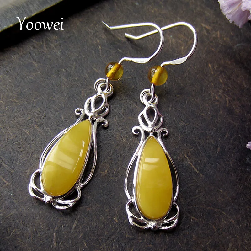 

Yoowei Cognac Natural Amber Earrings Girls Women Certificate Authenticity Teardrop Dangle Genuine Pendientes ambar Jewelry Gifts