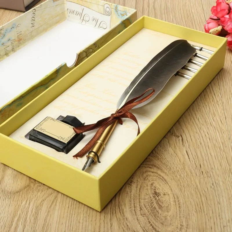 

Excellent Antique Quill Feather Dip Pen Writing Ink Set Stationery Gift Box with 5 Nib Wedding Gift Quill Pen Fountain Pen