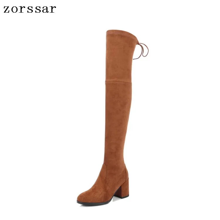 

{Zorssar} 2019 fashion Suede Female nubuck leather over The Knee Stretch boots Square High heels women High boots grey black