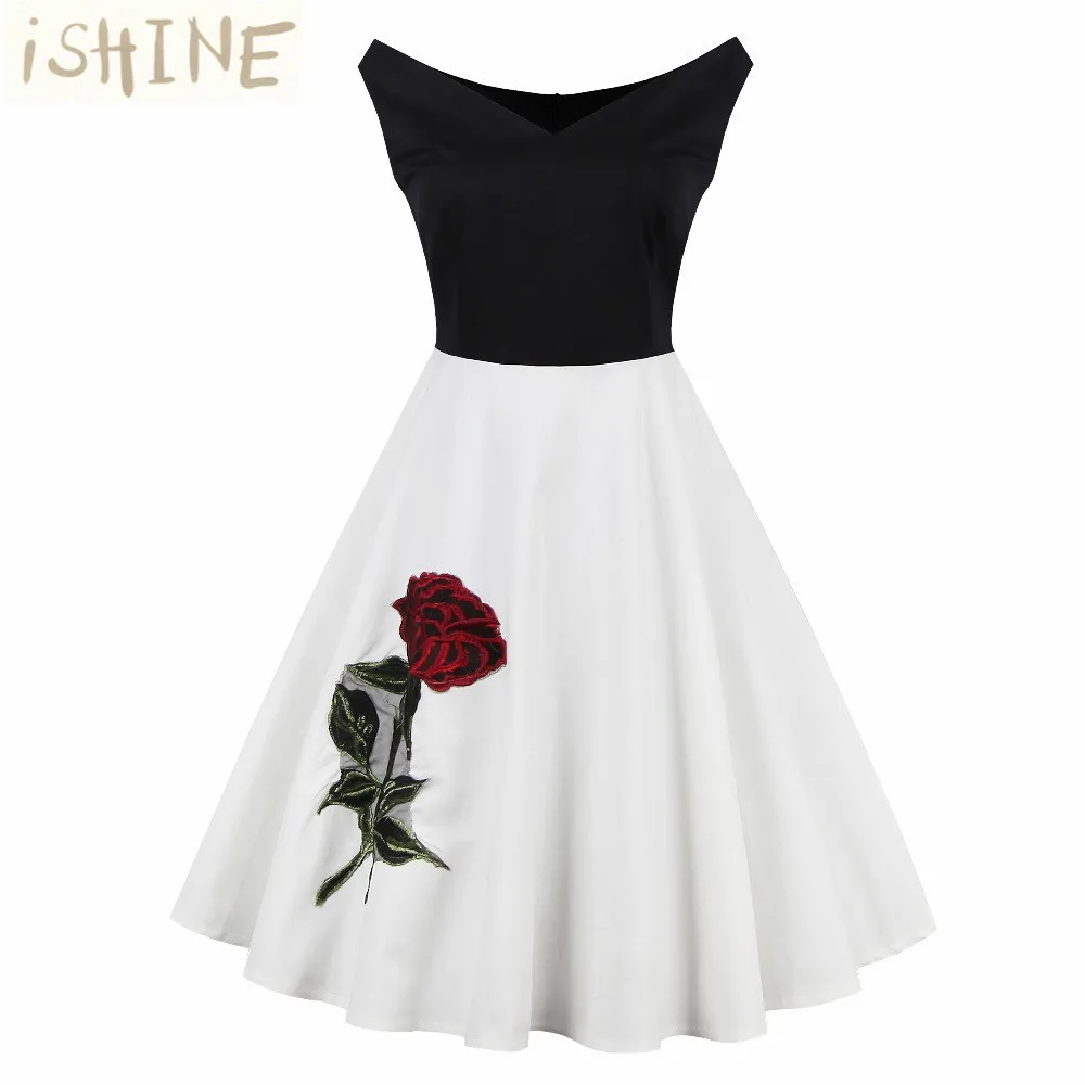 Wholesale Women Summer Embroidery Dress Robe Retro Swing Casual 50s 60s Vintage Rockabilly Black / White Patchwork Dresses Buy Cheap Women Summer Embroidery Dress Robe Retro Swing Casual 50s 60s Vintage Rockabilly Black / White Patchwork Dresses