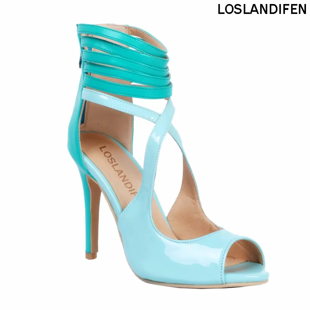 

Womens Fashion Handmade 10cm Thin Bands Combination Peep-toe High Heel Sandals Party Prom Holiday Shoes XD086
