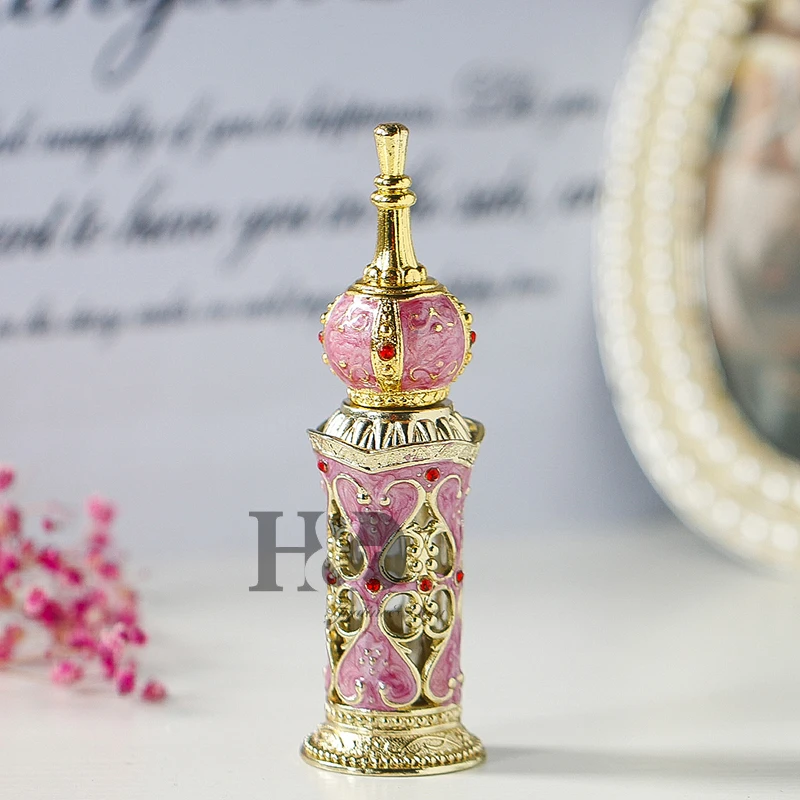 

H&D 13ML Vintage Empty Metal Crystal Glass Perfume Bottles for Perfumes & Essential Oils Decorative Vials 4.7'' High (Pink)