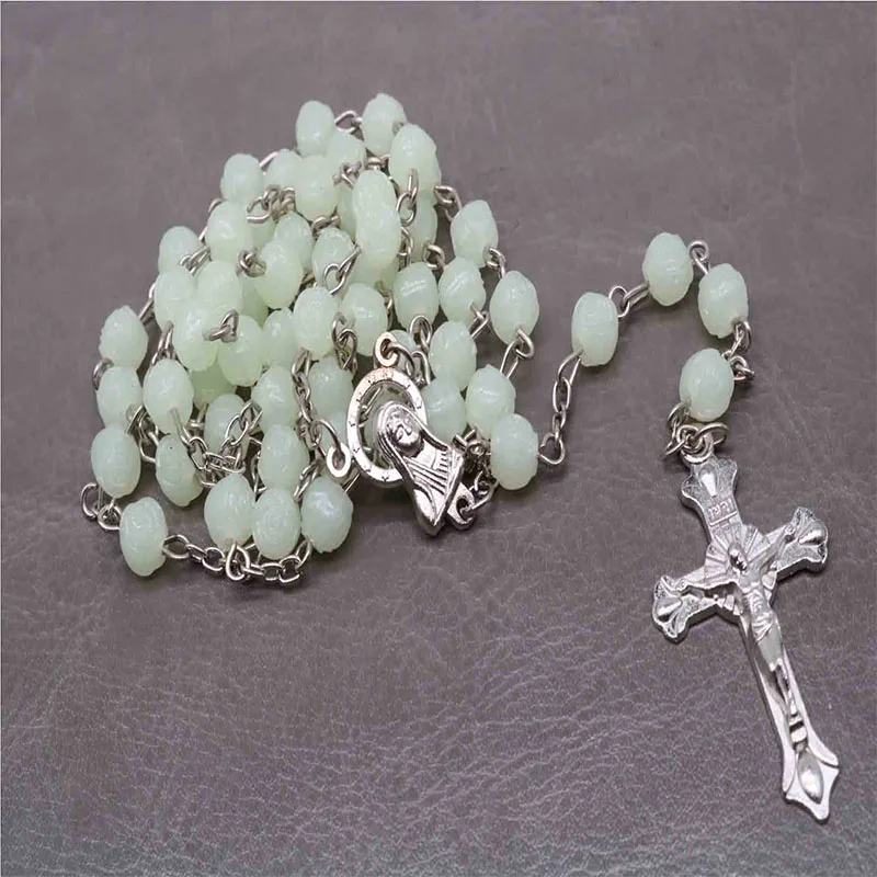 

Catholic glow in dark glowing crystal rosary luminous necklace religious Catholic jewelry party gift pray.6mm