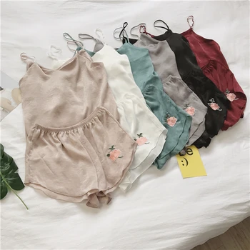 

Silk Pajamas Summer Silk Pyjama Shorts Sets 2-Piece Sleepwear flower