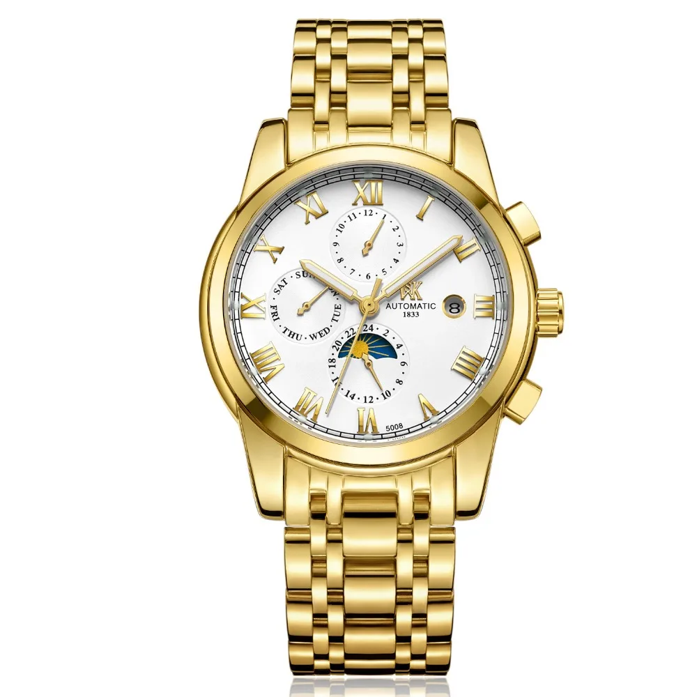 

Top Brand Luxury Business Full Steel Man Watch Multiple Functions Moon Phase Calendar Mechanical Wristwatches Waterproof Clock