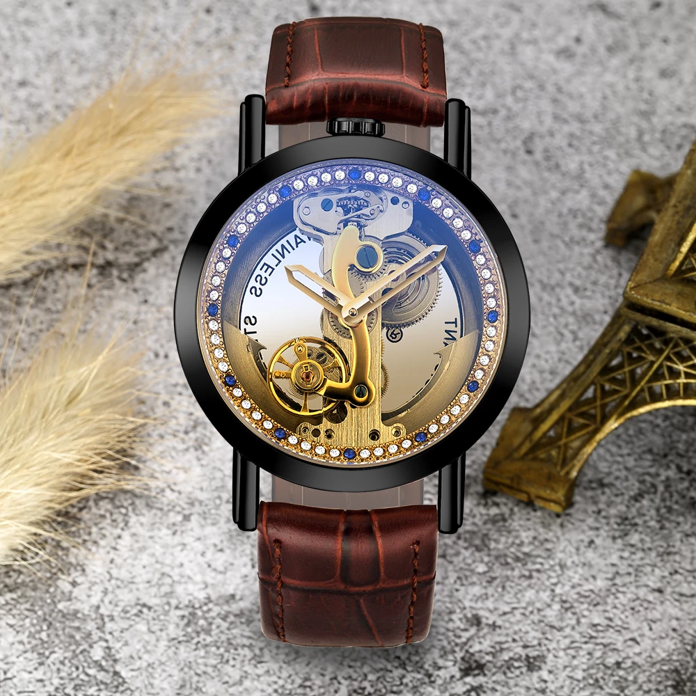 Мужские прозрачные автоматические часы мужские с полым алмазным резным скелетом роскошные часы из нержавеющей стали механические наручные часы