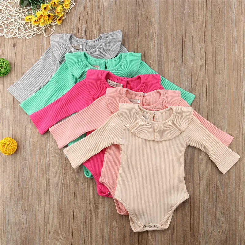 

Cool High Quality Baby Girls Bodysuit Solid Color Lotus Leaf Collar Playsuit Long Sleeve Autumn Infant Knitting Ruffles Bodysuit