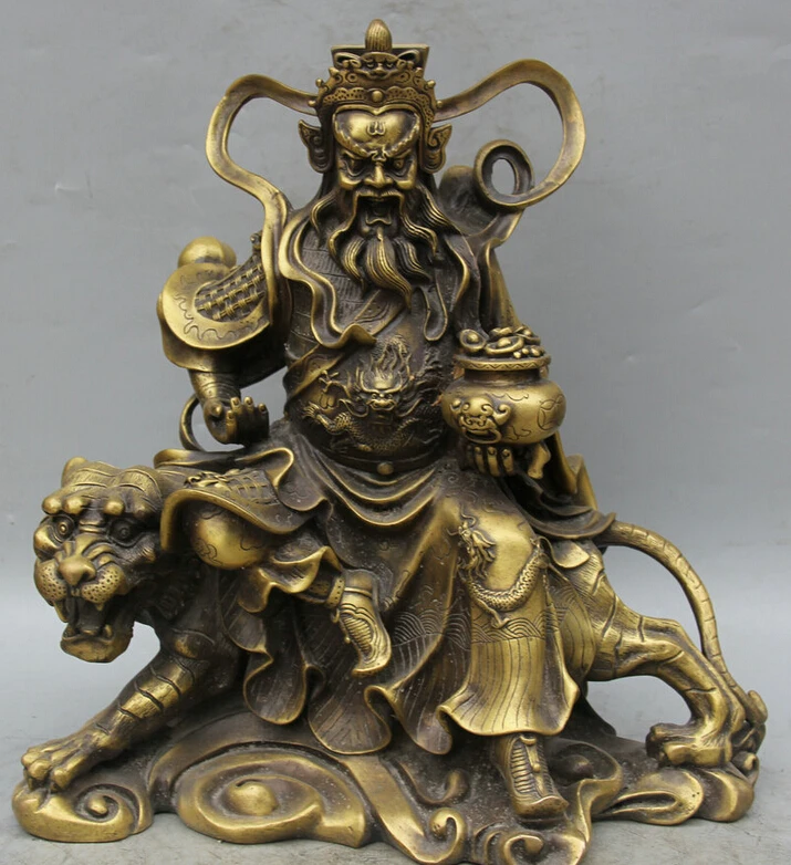 

150610 S1540 16" Chinese Copper Folk Seat Tiger Mammon Money Wealth God treasure bowl Statue