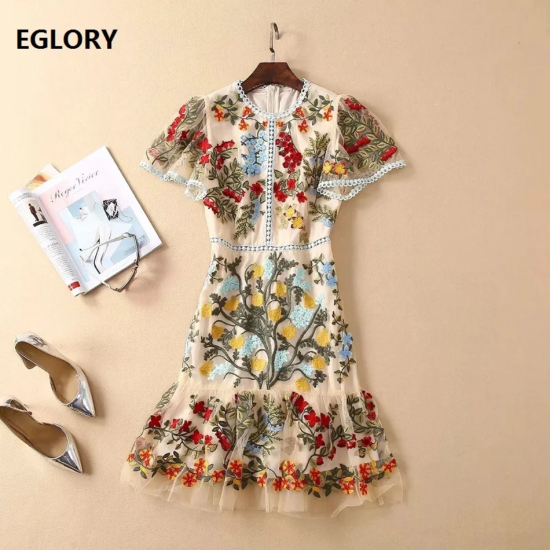Women's Clothing Dresses 2019 Spring Summer Fashion Party Tunic Dress Ladies O-Neck Allover Tulle Mesh Embroidery Dress Girls