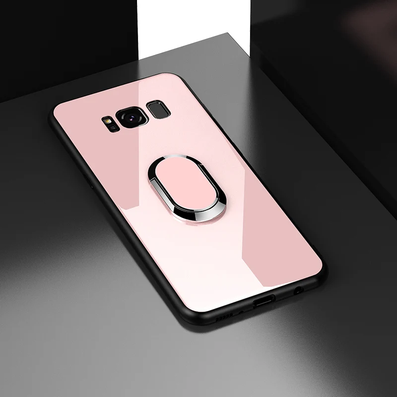 Роскошный защитный Магнитный чехол из закаленного стекла для samsung S10 S10e S8 S9 Plus Note 10 9 8 металлический держатель для кольца чехол для телефона s - Цвет: Pink with bracket