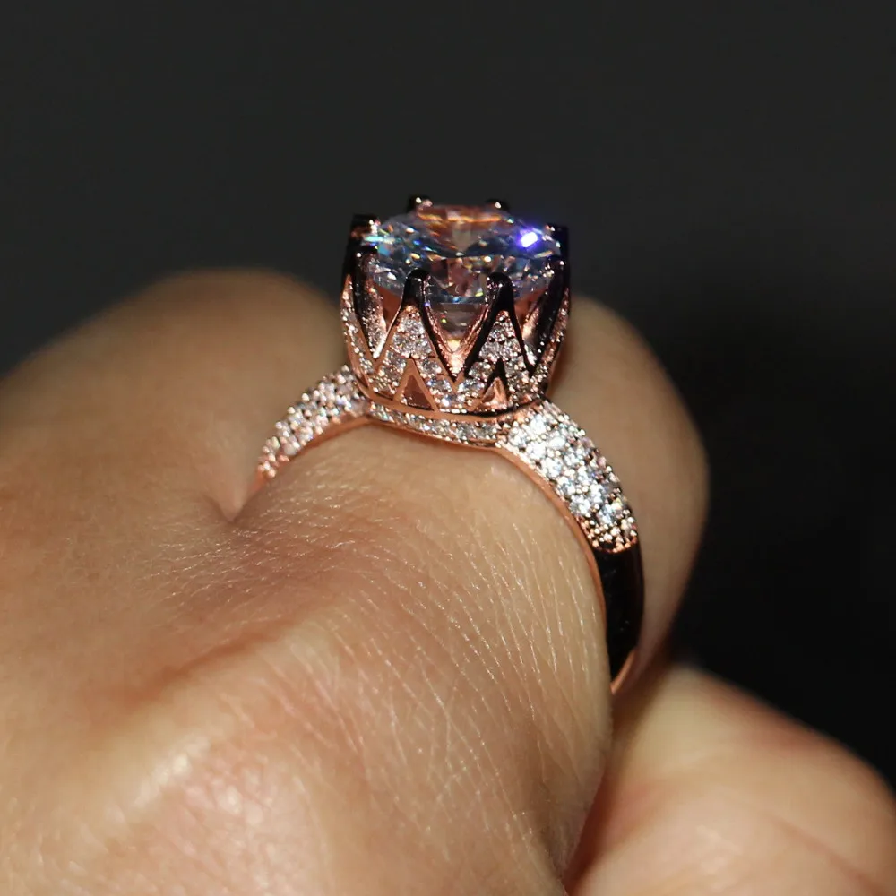 Роскошные ювелирные изделия 8ct Пасьянс роскошные 925 серебро 11 мм Большой AAA CZ имитация камней обручальное кольцо Корона из розового золота женское кольцо Size5-11