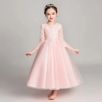 

Autumn New Children Girls Elegant Embroidery Lace Beautiful Pink Birthday Wedding Party Dress Baby Kids Piano Pageant Dress