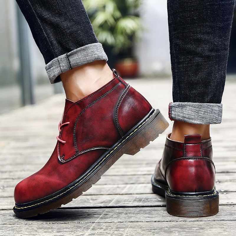 Split Leather Boots Men Ankle Men Red Fashionable Shoes Handmade Fashion Casual Men's Boots Stylish Male Martin Boots