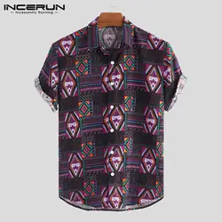 Мужская пляжная гавайская рубашка с принтом INCERUN, свободный короткий рукав в этническом стиле, топы из 2019 хлопка, винтажные дышащие мужские