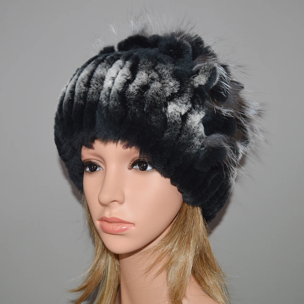 Новинка Россия женский Настоящий мех кролика Skullies шапки Роскошные вязаные цветы