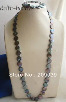 

huij 002171 26''/8'' 16mm Black Coin freshwater pearl Necklace Bracelet Set
