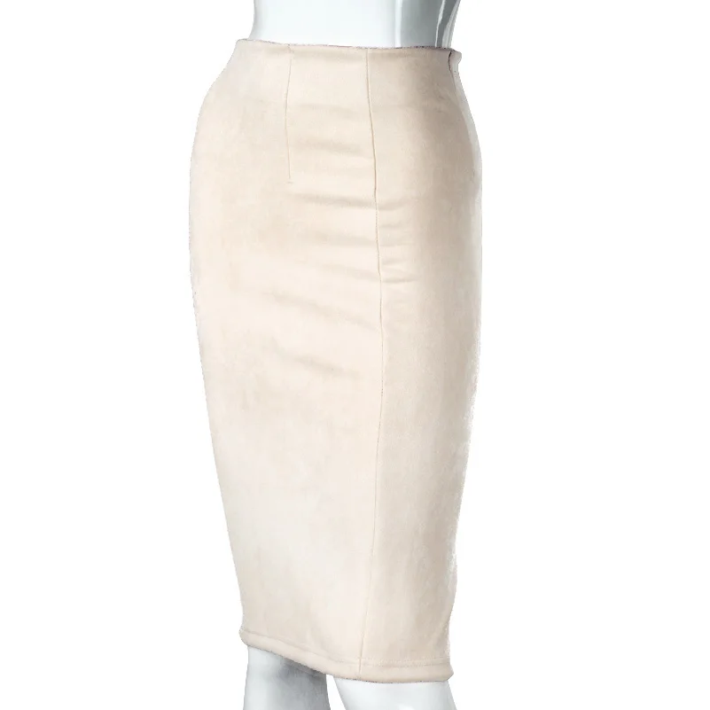 Beige SheBlingBling, юбки в стиле ампир, весенние, искусственная замша, карандаш, высокая талия, облегающее, с разрезом, плотные, эластичные, сексуальные юбки, длина до колена, размера плюс - Цвет: Beige