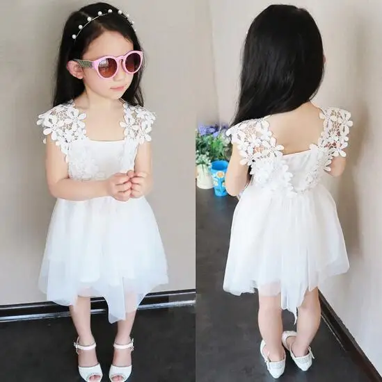 

Summer Sleeveless Lace Festive Dress for Girls O-neck Disfraces Ninas White Asymmetrical Princess Crochet Party Evening Dresses