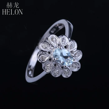

HELON Real 925 Sterling Silver Natural Aquamarine Diamonds Engagement Ring Women Wedding Gemstone Ring Trendy Fine Jewelry