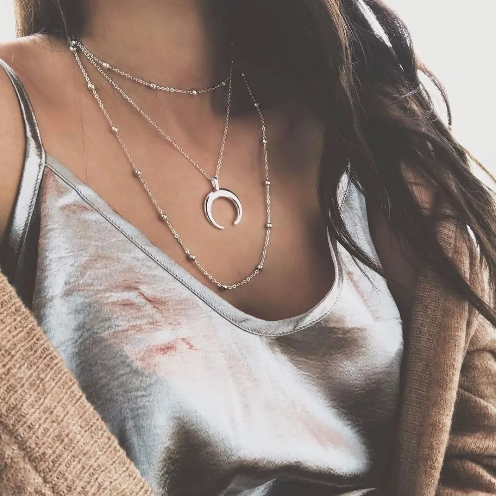 

2018 Empress New Woman Boho Classic Moon Choker Silver/Gold Copper Triple Horns Necklace Multilayers Collare Gargantilha Collier