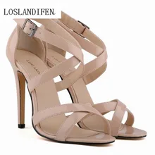 LOSLANDIFEN New Fashion Women Thin Heels Pumps Open Toe Ankle Straps 11cm High Heels Shoes Summer Pumps Patent Leather 102-1