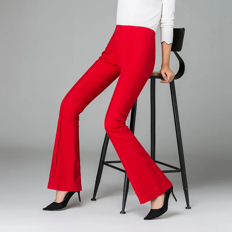 

Fashion Women High Elastic Waist Bell-Bottom office Long Trousers Skinny Flare Dance Pants 2019 Casual Elegant red Pants