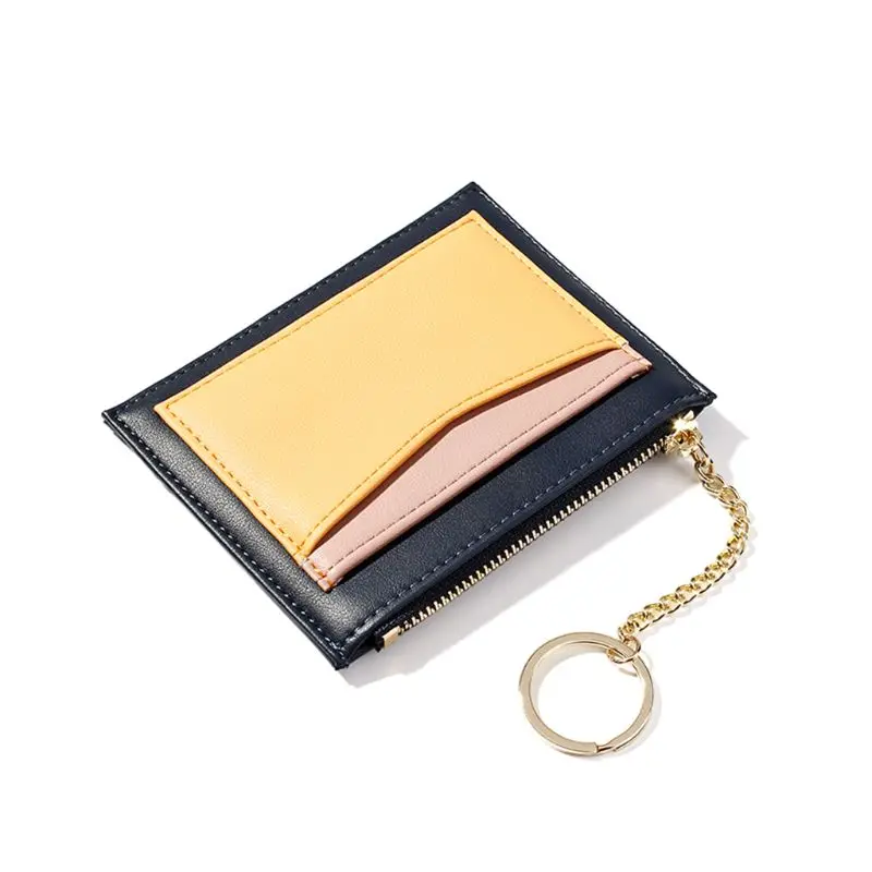 Women Mini Slim Leather Card Holder Front Pocket Fashion Lady Girls Small Wallet Bus Card Coin Holder Change Purse with keychain - Цвет: Синий