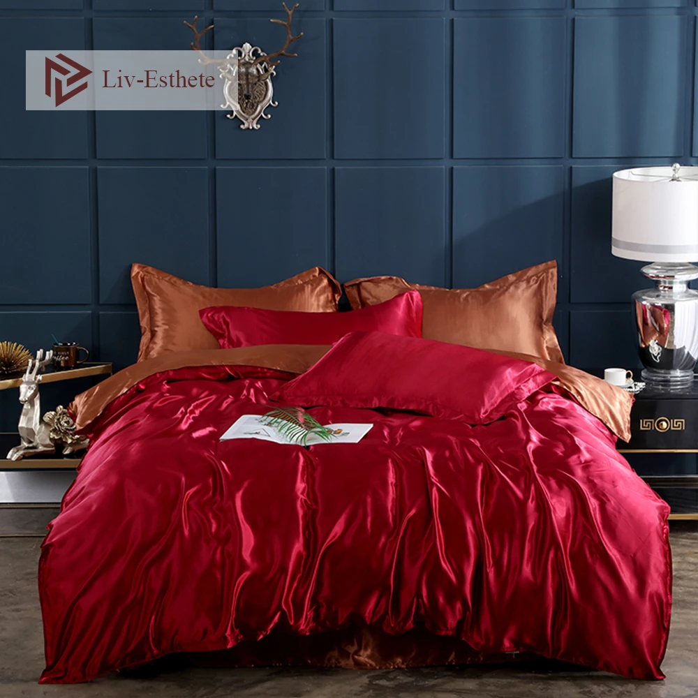 

Liv-Esthete Wholesale Red Brown Luxury Silk Bedding Set Silky Duvet Cover Flat Sheet Pillowcase Home Textile Queen King Bed Set