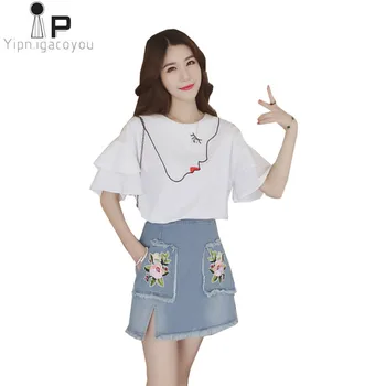 

Women Casual two piece sets 2020 Loose Summer tops cowboy Short dress women set Plus size Fashion embroidered female short set