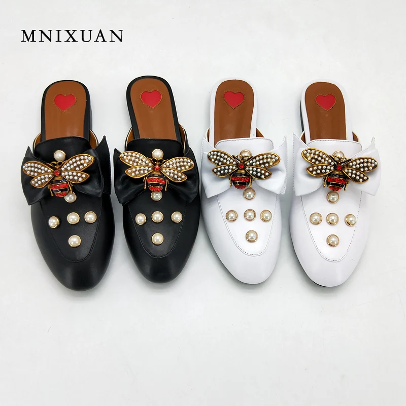 

MNIXUAN fashion women shoes sandals 2018 summer new real leather covered toe mules pearls bee low heels slippers big size 34-42