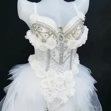 Сексуальные белые кружевные стразы, боди для женщин, певец, диджей, DS, Одежда для танцев, сценический костюм, купальник для ночного клуба, шоу