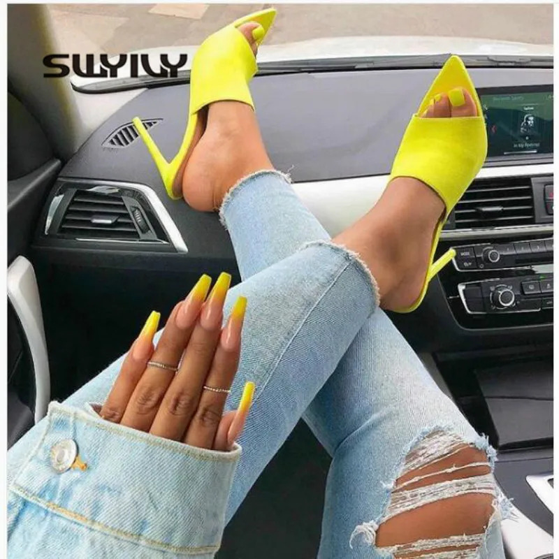 SWYIVY Summer Slippers Shoes Woman Thin High Heels 2019 Hot Neon Yellow Casual Shoes Sexy Open Toe Slides Slippers For Woman