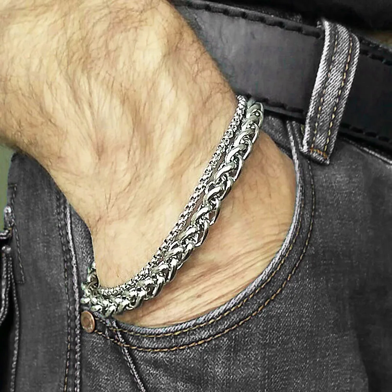 

Unique Men's Bracelet Double Chain Bracelet Silver Stainless Steel Wheat Box Chain Link Bracelets Male Jewelry Dropshipping