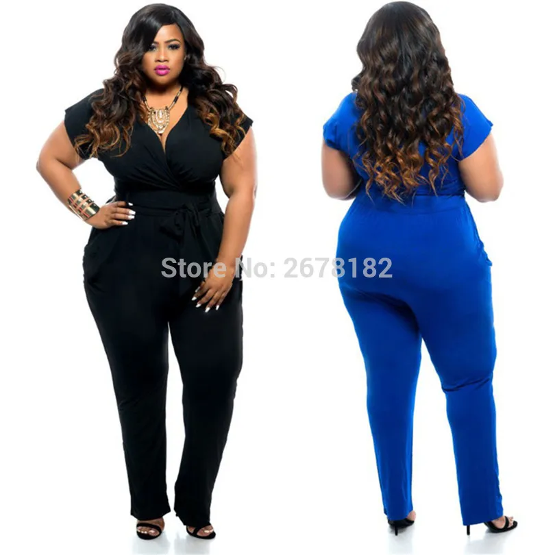 

Plus size sexy v neck jumpsuit 2018 short sleeve black blue long pant romper elegant tunic Party bandage women clothing overalls
