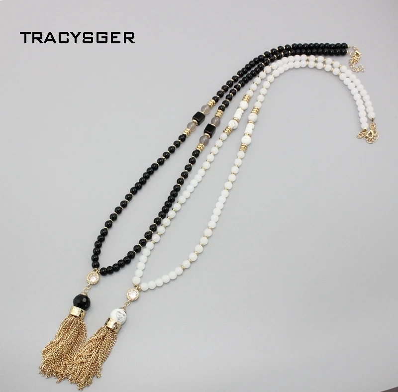 AE xl20275/ sweet girl jewerly / long black and White Beaded Necklace