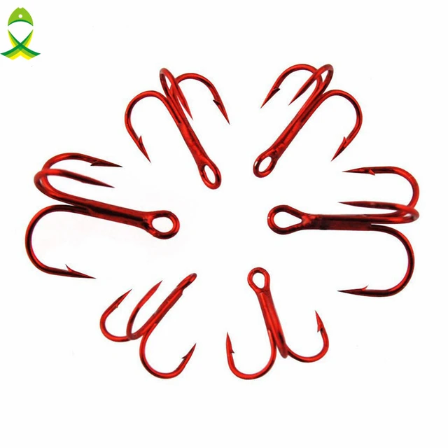 JSM 50pcs 35647 High Carbon Steel Treble Fishing Hooks Red Hard Lure Round  Bent Triple Artificial